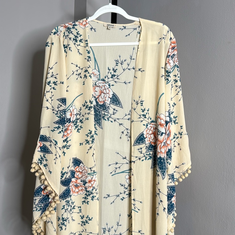 Nude Cream Floral Blue Pom Pom Duster Slit Kimono Maxi M